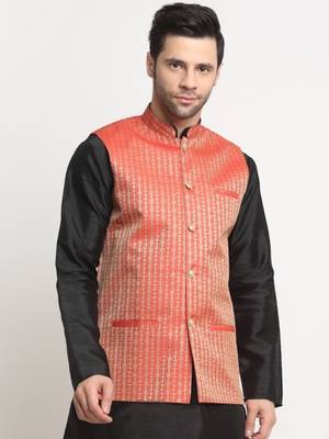Men Woven Red Nehru Jacket Only 1