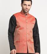 Men Woven Red Nehru Jacket Only