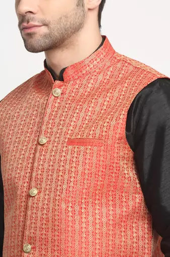 Men Woven Red Nehru Jacket Only
