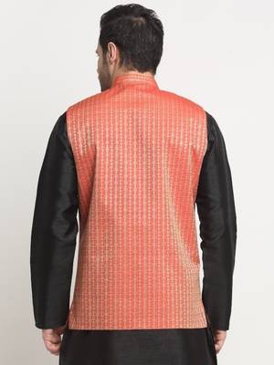 Men Woven Red Nehru Jacket Only 3