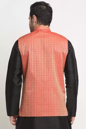Men Woven Red Nehru Jacket Only
