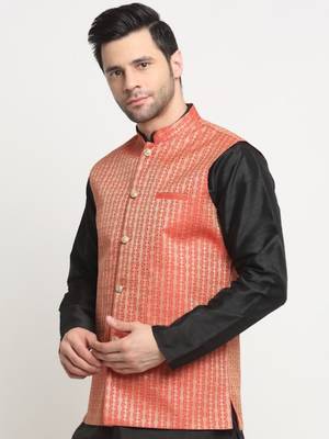 Men Woven Red Nehru Jacket Only 4