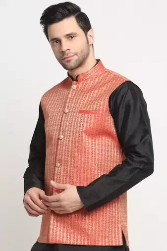 Men Woven Red Nehru Jacket Only