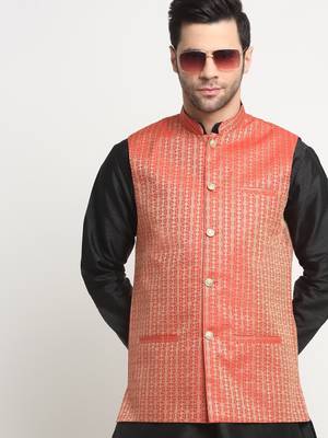 Men Woven Red Nehru Jacket Only 5
