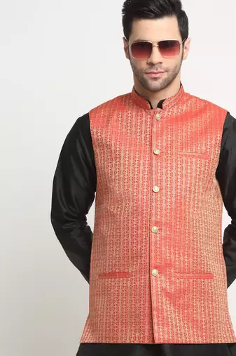 Men Woven Red Nehru Jacket Only