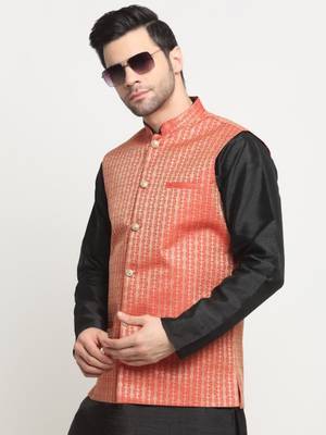 Men Woven Red Nehru Jacket Only 6