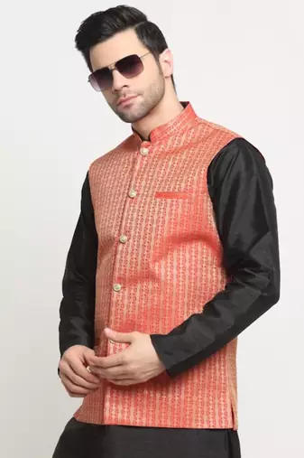 Men Woven Red Nehru Jacket Only