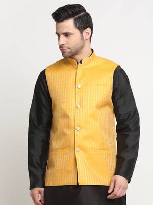 Men Woven Yellow Nehru Jacket Only 1