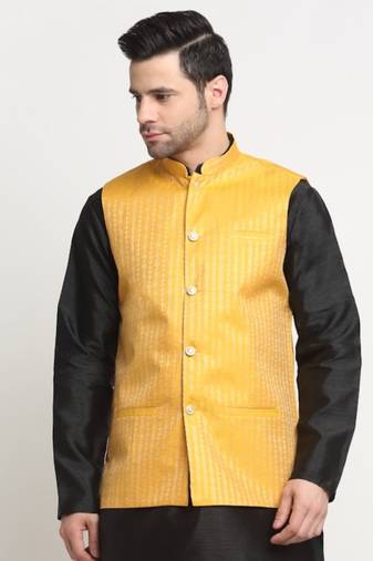 Men Woven Yellow Nehru Jacket Only