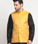 Men Woven Yellow Nehru Jacket Only