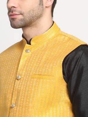 Men Woven Yellow Nehru Jacket Only 2