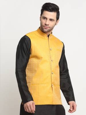 Men Woven Yellow Nehru Jacket Only 4