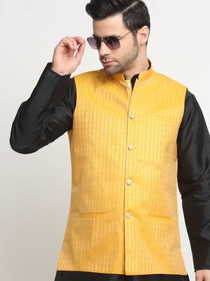 Men Woven Yellow Nehru Jacket Only 5