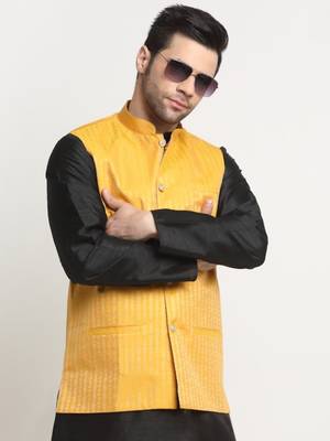 Men Woven Yellow Nehru Jacket Only 6