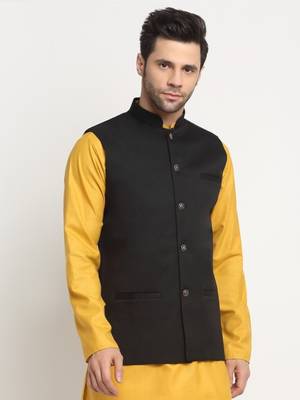 Men Twill Cotton Black Nehru Jacket Only 1