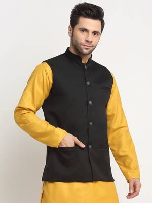 Men Twill Cotton Black Nehru Jacket Only 4