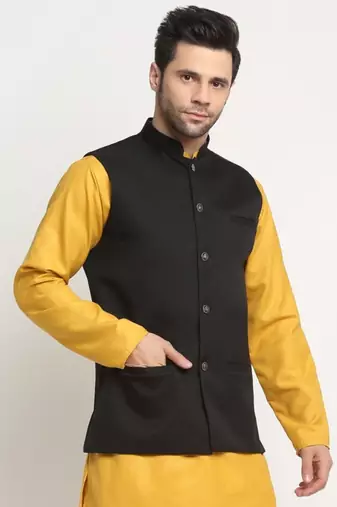 Men Twill Cotton Black Nehru Jacket Only