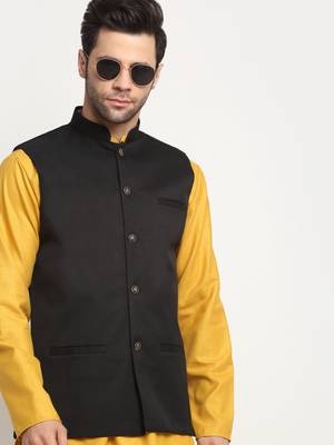 Men Twill Cotton Black Nehru Jacket Only 5