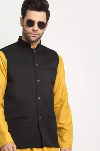 Men Twill Cotton Black Nehru Jacket Only