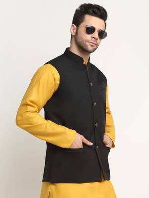 Men Twill Cotton Black Nehru Jacket Only 6