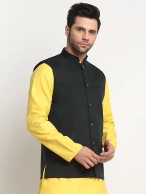 Men Twill Cotton Green Nehru Jacket Only 4