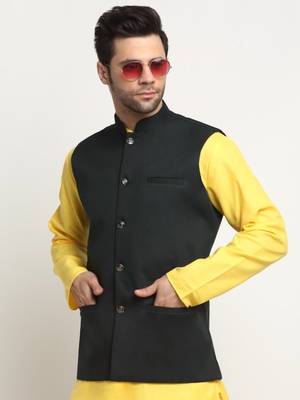 Men Twill Cotton Green Nehru Jacket Only 5