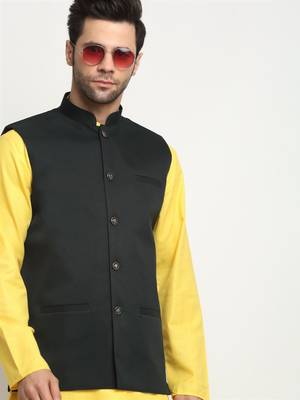 Men Twill Cotton Green Nehru Jacket Only 6