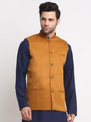 Men Twill Cotton Mustard Nehru Jacket Only 1