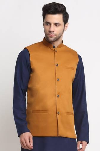 Men Twill Cotton Mustard Nehru Jacket Only