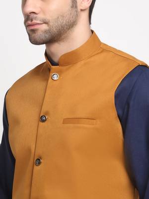 Men Twill Cotton Mustard Nehru Jacket Only 2