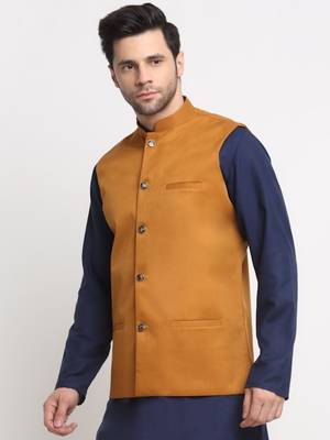 Men Twill Cotton Mustard Nehru Jacket Only 4