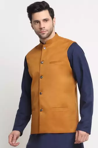 Men Twill Cotton Mustard Nehru Jacket Only