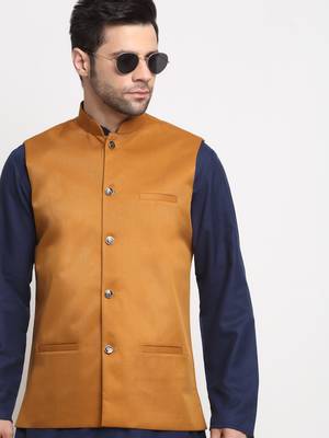 Men Twill Cotton Mustard Nehru Jacket Only 5