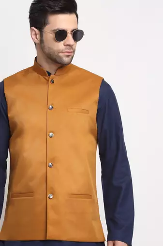 Men Twill Cotton Mustard Nehru Jacket Only