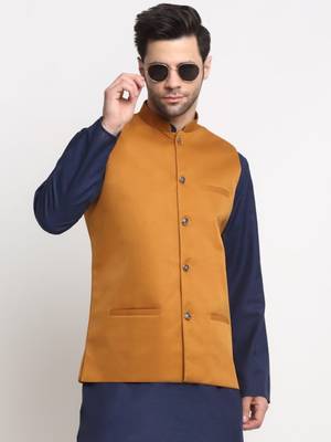 Men Twill Cotton Mustard Nehru Jacket Only 6