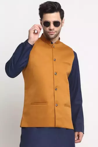 Men Twill Cotton Mustard Nehru Jacket Only