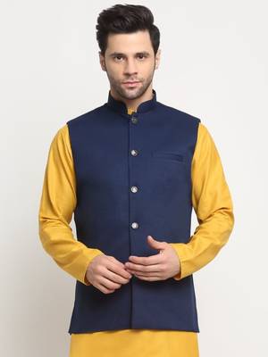 Men Twill Cotton Navy Blue Nehru Jacket Only 1