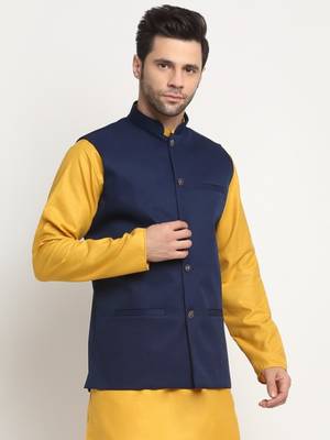 Men Twill Cotton Navy Blue Nehru Jacket Only 4