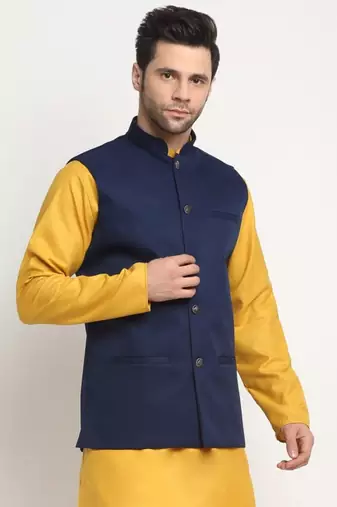 Men Twill Cotton Navy Blue Nehru Jacket Only