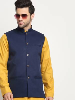Men Twill Cotton Navy Blue Nehru Jacket Only 5