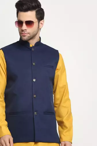 Men Twill Cotton Navy Blue Nehru Jacket Only