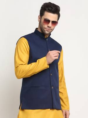 Men Twill Cotton Navy Blue Nehru Jacket Only 6