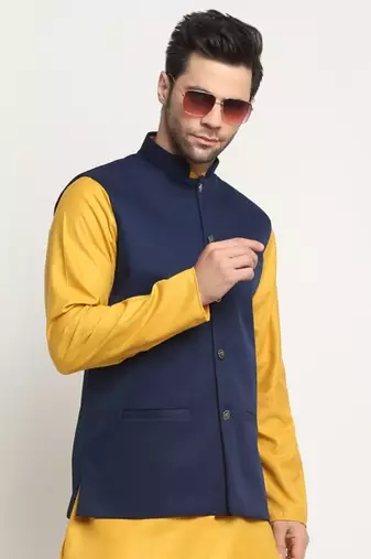 Men Twill Cotton Navy Blue Nehru Jacket Only