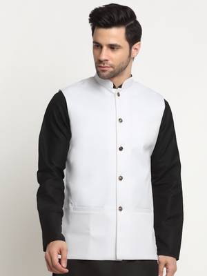 Men Twill Cotton White Nehru Jacket Only 1