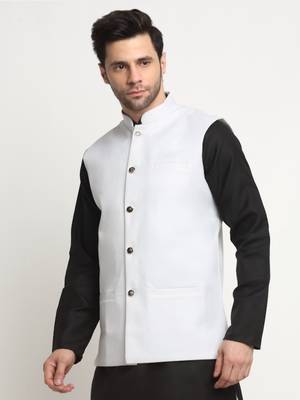 Men Twill Cotton White Nehru Jacket Only 4