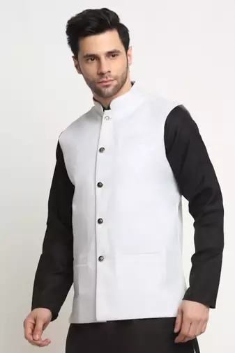 Men Twill Cotton White Nehru Jacket Only