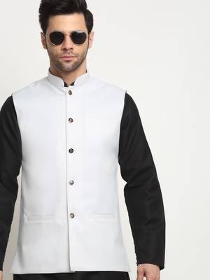 Men Twill Cotton White Nehru Jacket Only 5