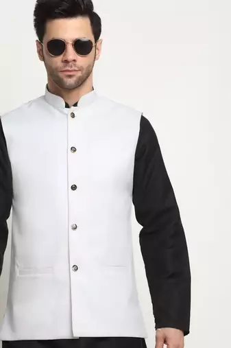 Men Twill Cotton White Nehru Jacket Only