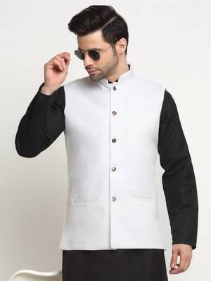 Men Twill Cotton White Nehru Jacket Only 6