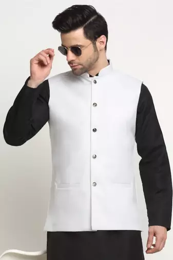Men Twill Cotton White Nehru Jacket Only